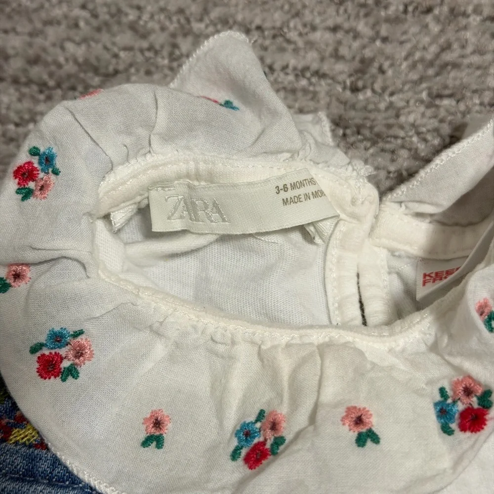 Zara Baby Girl Denim Dress Set 3-6M Floral Collar Shirt Shorts 3 Piece Outfit - Picture 5 of 5